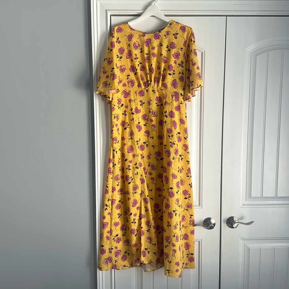 John Zack Yellow Fluted Sleeve Midi Dress in Floral Print